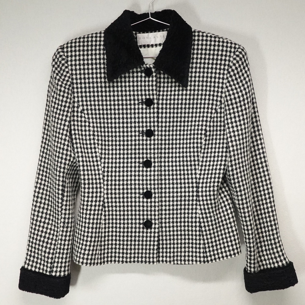 VTG Doncaster Jacket Womens 8 Black White Wool Check Faux Fur Trim Old Money